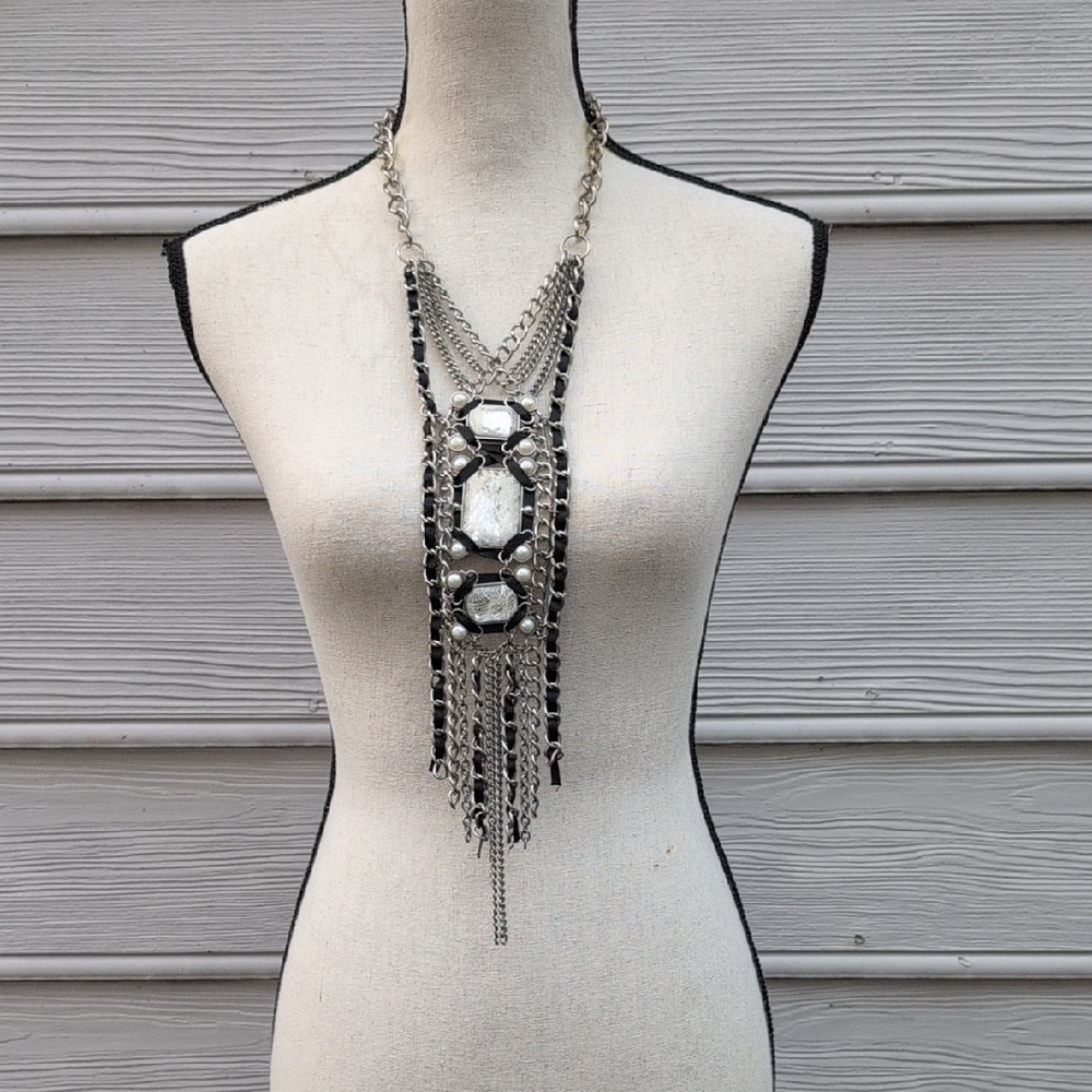 Silver And Black Long Cluster Necklace | Statement Necklace